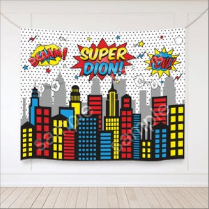 Sfondo personalizzato per la città dei supereroi: decorazione per feste stampabile (file digitale)