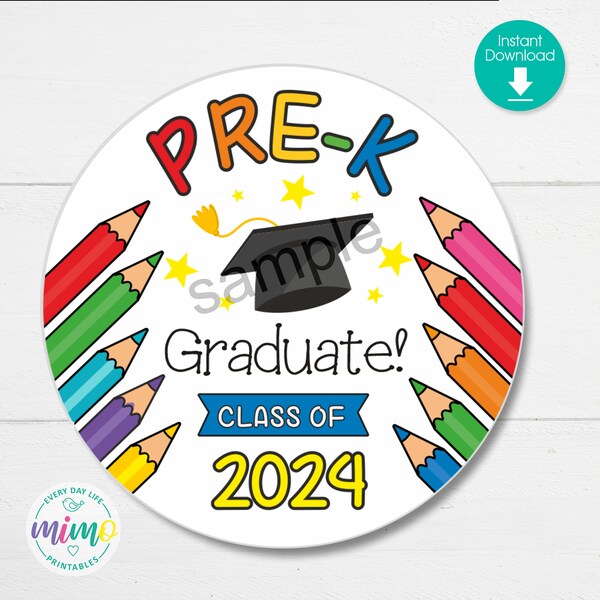 PRE-K Graduate 2024 Round Tag: Label, Gift Tag. 2-inch Size. Printable File. Instant Download