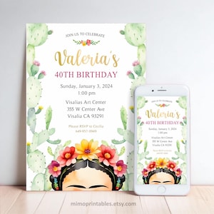 Mexican Girl with Flower Tiara Art Party Invitation | Cactus Background | Non-Editable, Personalized | Printable & Digital