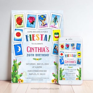 Invitation d'anniversaire de cartes Fiesta Loteria. Non modifiable. Disponible en format imprimable et numérique
