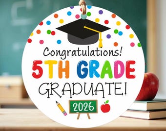 Etiqueta de graduación de 5.º grado 2026: Diseño de confeti, etiqueta redonda imprimible de 5 cm (descarga instantánea)