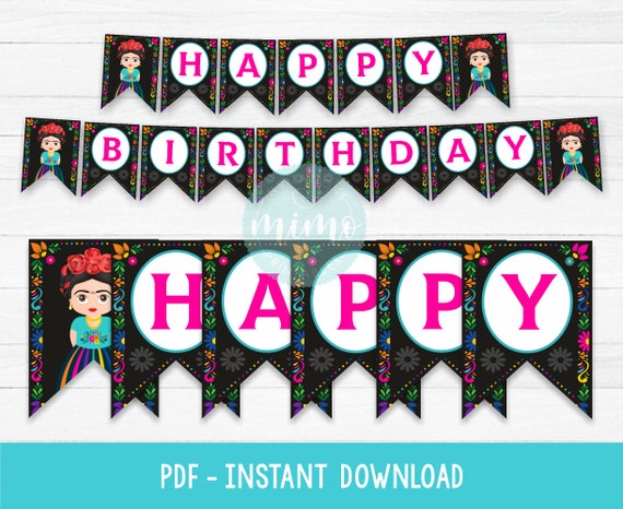 Frida Fiesta Printable / Happy Birthday Banner / Black - Etsy