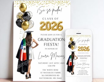 Invitación de graduación mexicano-americana / "Sí Se Pudo" / Clase de 2025 / Hecha a pedido / No editable / Banda con las banderas de México y Estados Unidos