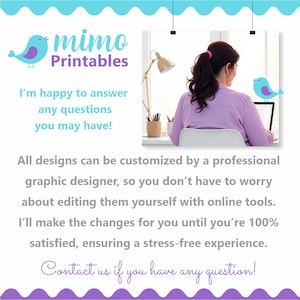 May include: The image shows the "mimo Printables" logo with a teal bird graphic. Text includes "I'm happy to answer any questions you may have!" and information about custom design services. A person is seated at a desk with a laptop.