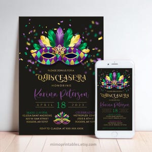 Mardi Gras Masquerade Quinceañera Invitation: Printable & Digital