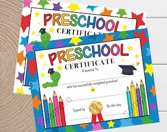 Certificado de graduación de preescolar imprimible: Estrellas y lápices (para rellenar a mano)