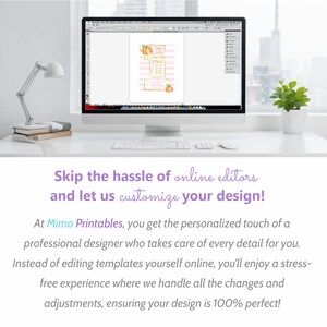 May include: A computer monitor shows a digital invitation design with a pumpkin theme. The invitation has pink stripes, gold accents, and the text "Our Little Pumpkin Gracie ONE." The screen is on a white desk with a lamp and a plant.