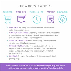 May include: A graphic explaining the process of purchasing a digital product on Etsy. The steps are: Purchase, Enter Info, Wait 24-48 Hours, Preview, Download. Each step is represented by an icon: a shopping cart, a notepad with a pencil, a clock, a magnifying glass, and a cloud with a downward arrow.
