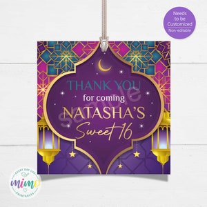 Arabic Themed, Personalized Thank you Tag, Birthday, Sweet Sixteen, 2" x 2". Personalized file, digital file.