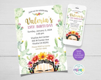 Colorful Mexican Girl with Flower Tiara: Art Party Invitation with Cactus Background. Non-Editable, Personalized. Printable & Digital