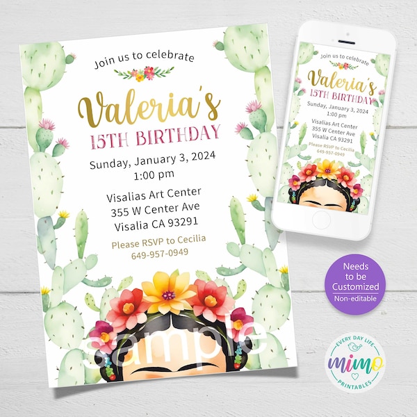 Colorful Mexican Girl with Flower Tiara: Art Party Invitation with Cactus Background. Non-Editable, Personalized. Printable & Digital