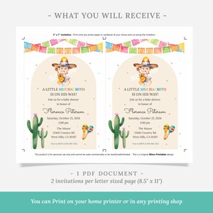 May include: Two baby shower invitations with a Mexican theme. Each invitation features a baby wearing a sombrero and playing a guitar, with text that reads "A Little Muchachito is on His Way!" and event details.