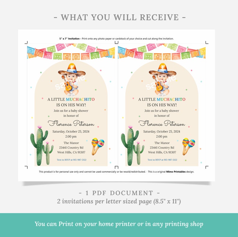 May include: Two baby shower invitations with a Mexican theme. Each invitation features a baby wearing a sombrero and playing a guitar, with text that reads "A Little Muchachito is on His Way!" and event details.