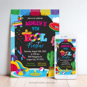 May include: A colorful invitation for a pool party with a Mexican fiesta theme. The invitation features a pool, a slide, a pinata, and a sombrero. The text on the invitation reads "Ashley's 9th Pool Fiesta" and includes the date, time, and location of the party.