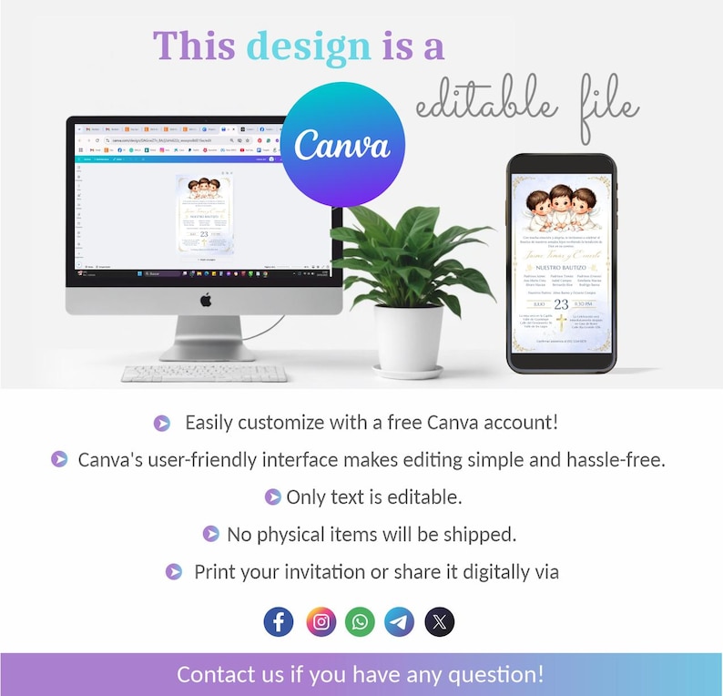 Triplet Angels Baptism Invitation: Canva Editable, Printable & Digital ...