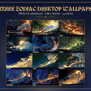 Chinese Zodiac Desktop Wallpaper Pack | 12 Animals for Laptop and PC, Lunar Fantasy Art in 4K and QHD, Instant Download