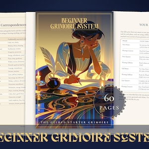 May include: A 60-page Beginner Grimoire System workbook featuring an illustrated cover of a person writing in a book by candlelight. The interior pages include tables for herb correspondences and moon cycle tasks with clear headings and structured text layouts.