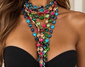 Collier long en cristal – Bleu, vert ou rose – Élégant collier lariat pour soirée et cérémonie