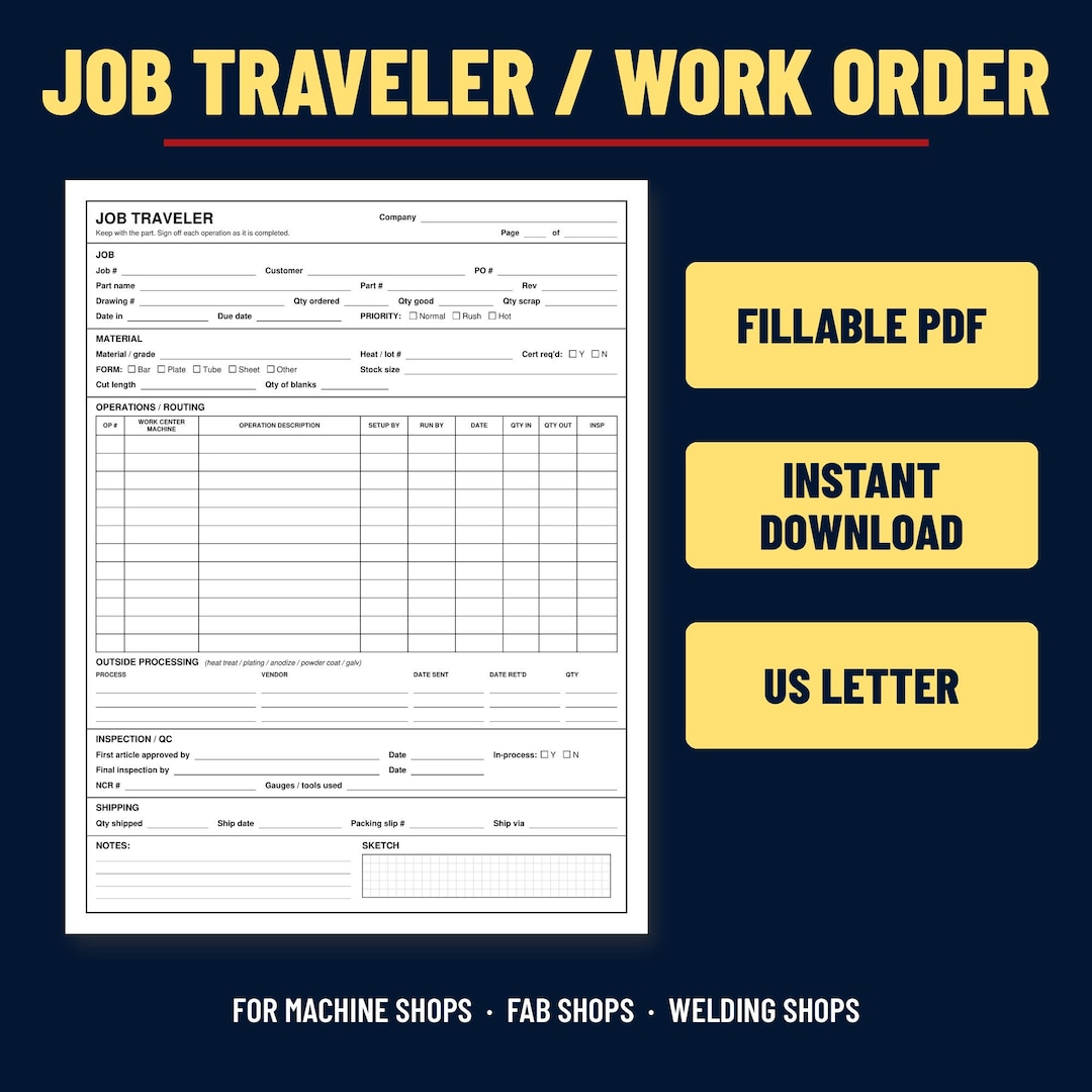 Job Traveler Work Order Form, Fillable PDF Routing Sheet for Machine ...