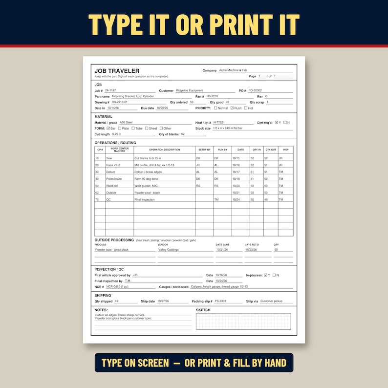 Job Traveler Work Order Form, Fillable PDF Routing Sheet for Machine ...