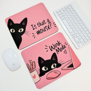 Black Cat Mouse Pad, Cute Pink Desk Mat, Funny Cat Lover Gift, Is That a Mouse, Work Mode, Office Desk Accessory