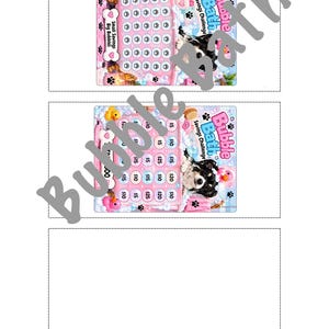 May include: A Bubble Bath Savings Challenge tracker featuring a black and white dog in a pink tub with bubbles. The design includes paw print icons, monetary values like $5, $10, $15, $25, and text labels for Small Savings and Big Bubbles.