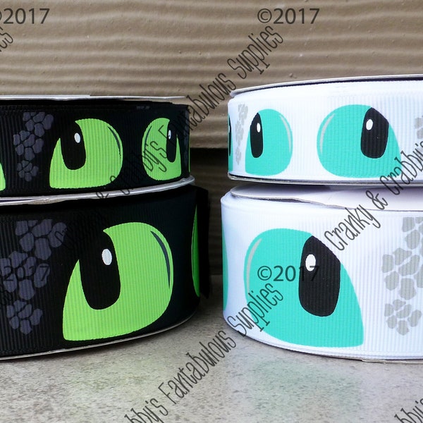 Dragon Eyes  - Light or Dark   - US Designer Printed Ribbon - 1yd - Black or White - Baby Dragon - Vikings - 7/8 inch or 1.5 inch