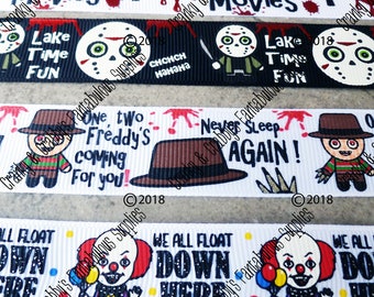 z 7/8" I Heart Horror Classics - US Designer Printed Ribbon - 1yd Horror Movie, Blood Splatter, Slasher It, Freddy, Jason