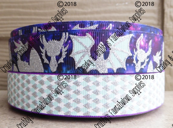 7/8" Cosmic Dragon Scales - Gothic - Silver Glitter  - US Designer Printed Ribbon - 1yd  - Galaxy - Cosmic Dragon