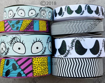 Jack Face or Sally Face  Nightmare -   US Designer Printed Ribbon - 1yd. Horror Movie, Rag Doll, Skeleton 7/8 inch or 1.5 inch