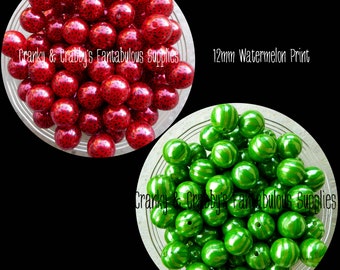 12mm PERLEN Wassermelone Samen in Pink oder Rot und Grün Rind Print Perlen - Chunky Halsketten - Set von 20 - Melone Wassermelonenmm