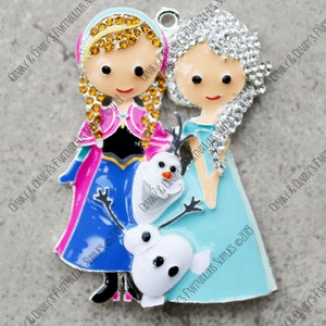 Snow Queen & Princess Trio Rhinestone Pendant -  58mm x 42mm - Colored enamel on silver metal with rhinestones