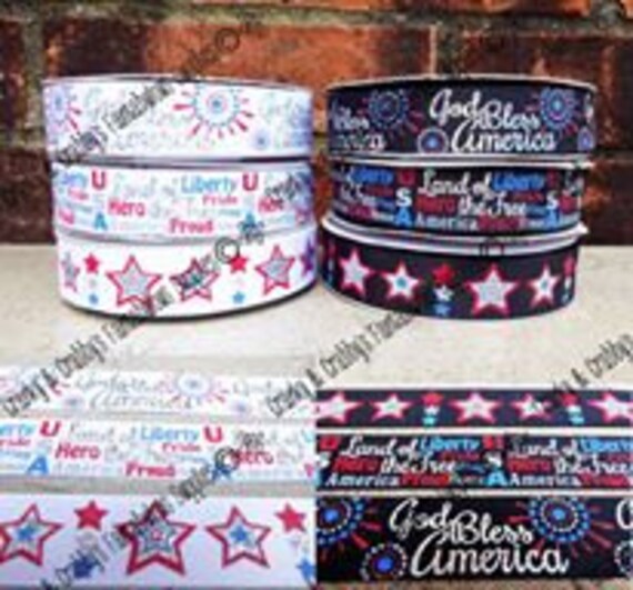 7/8" God Bless America  - Stars Fireworks  - 4th of July  - US Designer Printed Ribbon - 1yd