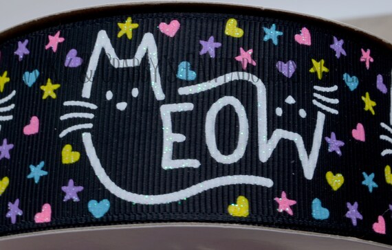 Cat MEOW Screen Printed Ribbon - US Designer Printed Ribbon - 7/8