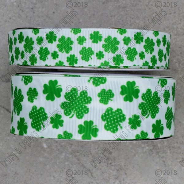 Lucky Dotted Clover WHITE - Ruban imprimé US Designer - 1yd - 2 tailles 7/8 ou 1,5 pouce - St Patricks Day