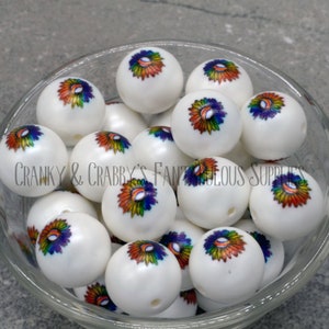 I 20mm Rainbow Daisy Print on Matte Pearl Beads  -  Chunky Necklaces - Set of 10 - Awareness Nuerodivergent, LBGTQ, Autism