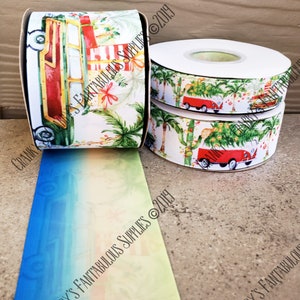 Vintage Vehicles  - US Designer Printed Ribbon - Woody, Van  - 1yd - 3 sizes 7/8, 1.5, and 3 inch - Christmas, Holiday, Beach, Cactus