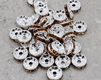 I  10mm x 4mm Brown Crystal Rondelle Spacer Metal Alloy Beads - Silver  -  Chunky Necklaces - set of 25 or 50  - Work on PENS only