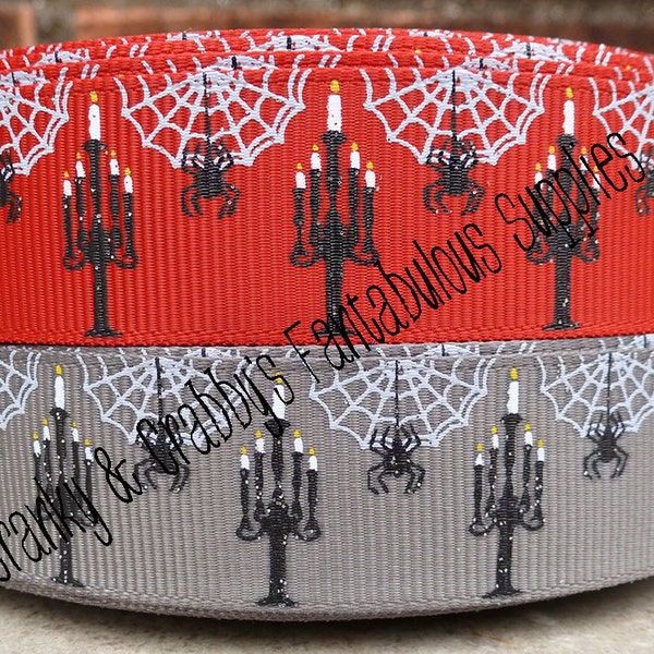 7/8" Gothic Collection - RED  Spiderweb Candelabra - Grey or Red - Glitter - US Designer Printed Ribbon - 1yd