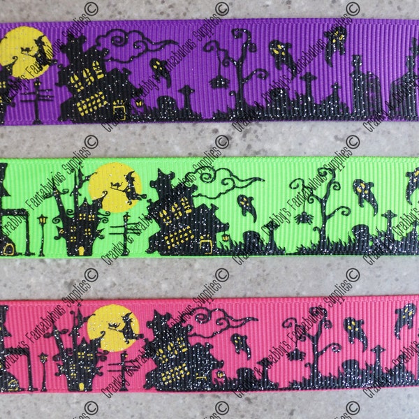 7/8" Wicked Collection  - Haunted House -  - US Designer Printed Ribbon - 1yd - Spooky Halloween