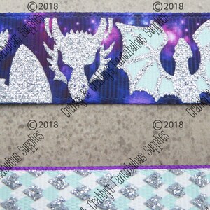 May include: Two different ribbon designs featuring a silver glitter dragon silhouette on a purple and blue galaxy background. The second ribbon is a white and light blue checkered pattern with silver glitter accents.