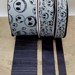 Jack Stripes Nightmare Design  -  US Designer Ribbon - 1yd   Horror Movie, Rag Doll, Skeleton - 3 Sizes - DOUBLE Faced