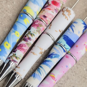 SET Of 5 - Printed Beadable PLASTIC Pen Blanks - Add beads Pen - 5 colors available - Fit bead with 1.75mm hole or larger