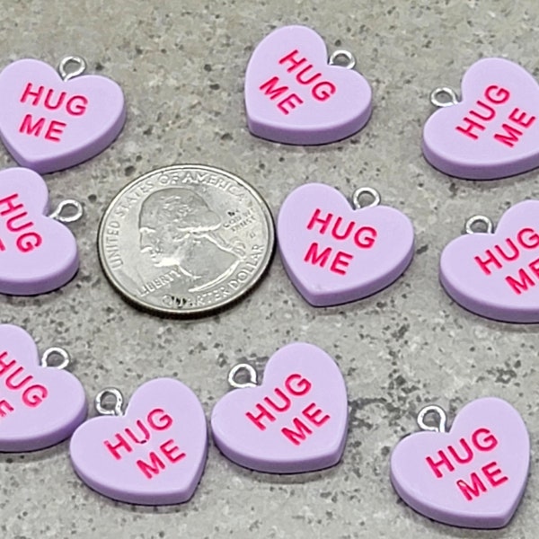 Charm set of 2 Lavender Hug Me Conversation Hearts - 19mm x 19mm - Resin - Love, Valentine