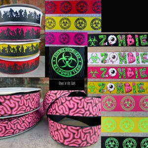 May include: Assortment of zombie-themed ribbon featuring various designs, including silhouettes of zombies, biohazard symbols, and the word "Zombie" in different colors and styles. Some ribbons glow in the dark.