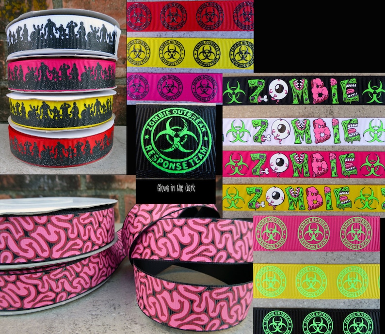 May include: Assortment of zombie-themed ribbon featuring various designs, including silhouettes of zombies, biohazard symbols, and the word "Zombie" in different colors and styles. Some ribbons glow in the dark.