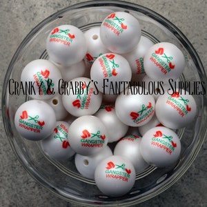 20mm Gangster Wrapper Print on Matte Pearl Beads  -  Chunky Necklaces - Set of 10 - Holiday Christmas