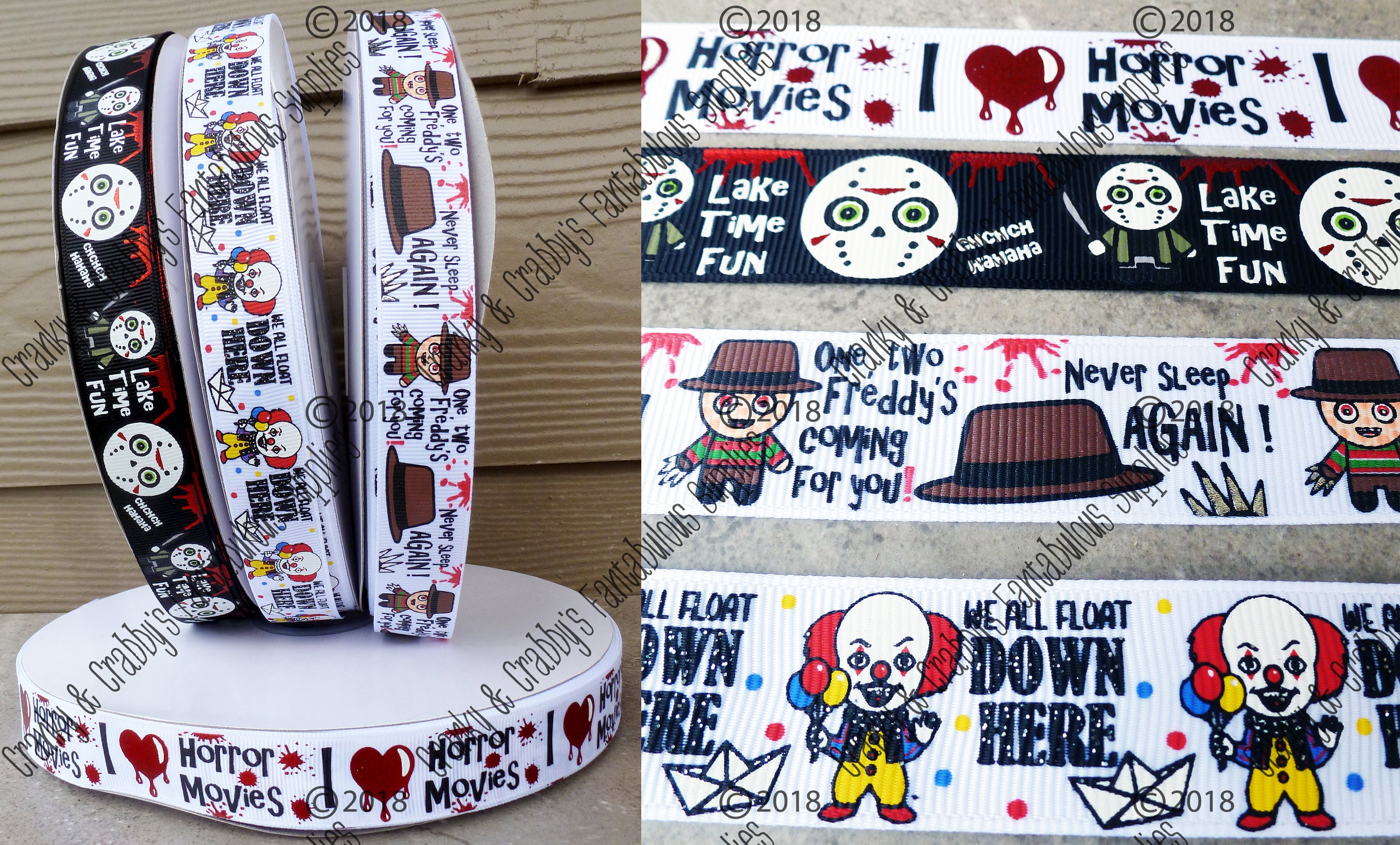 7/8" Horror Classics - US Designer Printed Ribbon - 1yd Horror Movie, Blood Splatter, Slasher It, Freddy, Jason, I Heart Horror