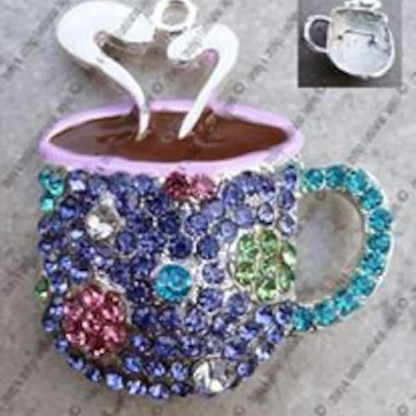 PURPLE Mug of Coffee Pendant - Enamel with Rhinestones -  Chunky Necklaces - 41mm x 37mm Silver Colored Enamel On Silver Hot Chocolate