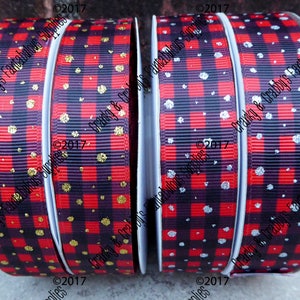 7/8&quot; Buffalo Plaid with Glitter dots     - US Designer Printed Ribbon - 1yd - Holiday, Winter, Check - Gold or Silver Dots